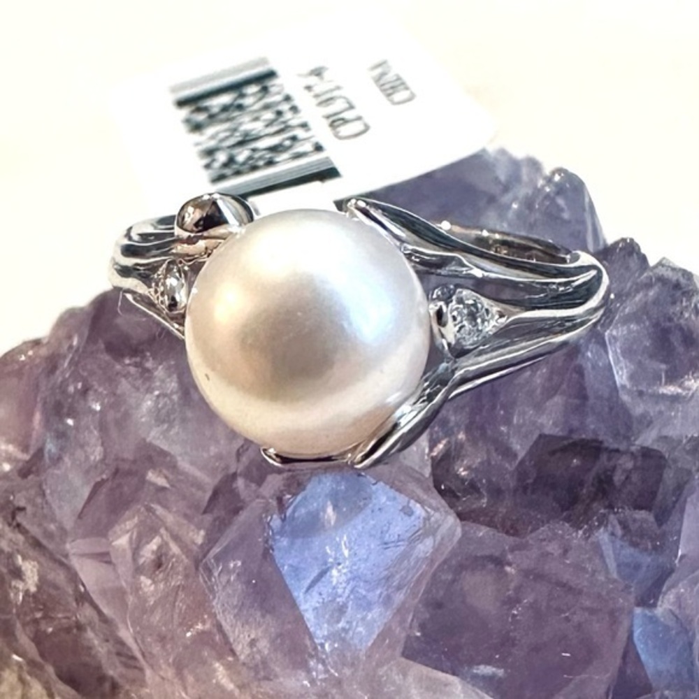 White Cultured Freshwater Pearl & White Zircon Rhodium Over Sterling Silver Ring